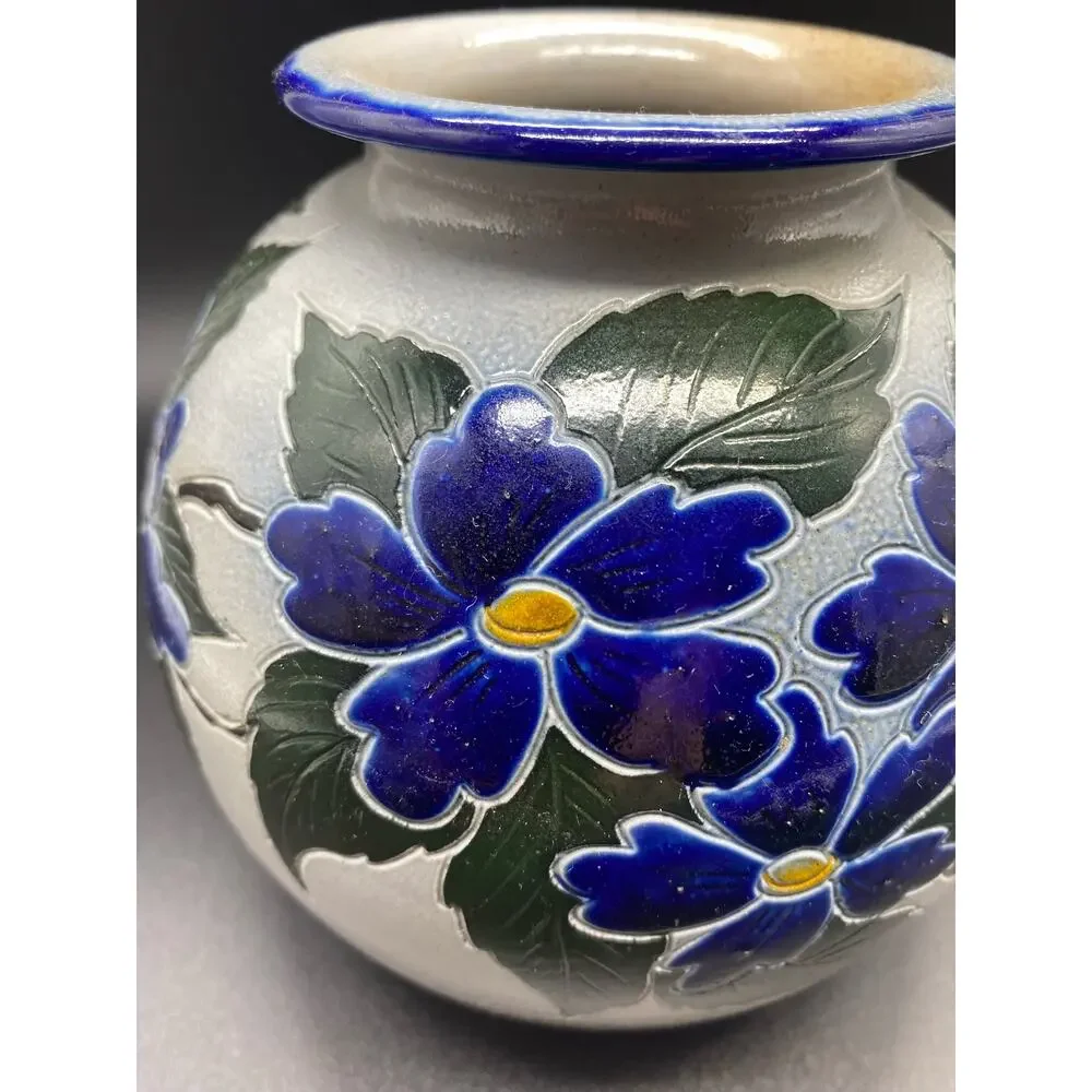 ALSACE Salt Glaze Vintage Betschdorf Cobalt Flowers, French Vase‎ signed pottery